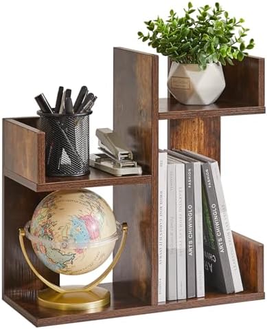 Aibiju Book Display Shelf Small Desk Organizer, Desk Top Storage Organizer, Cookbook Storage Kitchen Counter Shelf, Tabletop Plant Shelf Stand Rustic Brown YD-DSR002H by Aibijusolidwoodfurniture