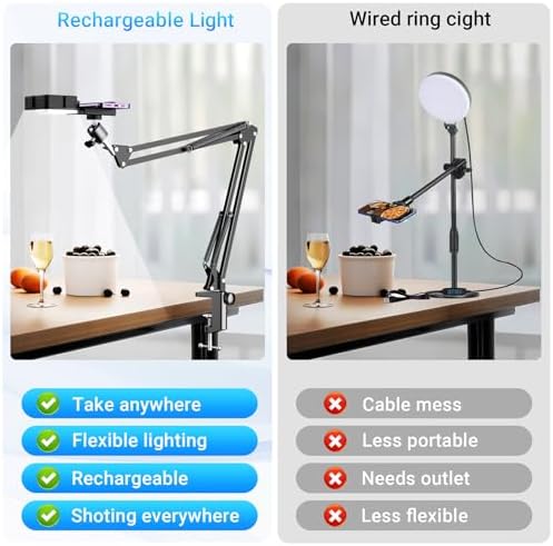 Overhead Phone Mount with Rechargeable Light for iPhone, Desk Tripod with Clamp for Content Creator Camera Recording, Top Down Holder Stand for Filming/Live/Cooking/Unboxing/Drawing/YouTube/TikTok - Image 3