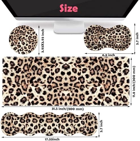 Large XXL Gaming Desk Mat 31.5"x 11.8", Ergonomic Keyboard Wrist Rest & Mouse Pad Wrist Rest + Coaster Set, Non-Slip Base, Memory Foam, Office and Home, Little Leopard Print - Image 5
