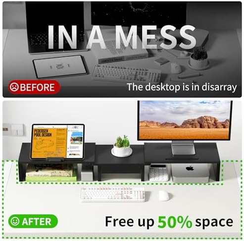 AFOOYO 43.3 Inch Dual Monitor Stand with Laptop Tray & Drawer, 5 Height & 4 Angle Adjustable Ergonomic Computer Riser, MDF Desk Shelf for MacBook Dell HP Lenovo 10-17.3" Laptops, Black - Image 4
