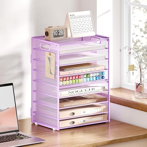 SUBEKYU 9 Tier Paper Letter Tray Desk Organizer with Handles - Purple Metal Mesh File Holder Paper Sorter Desk Organizer for Office Home School, Include 6 Pcs Adjustable Slid Tray, 6 Colors Available - Image 5