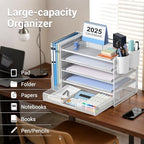 OPNICE Desk Organizer, 5-Tier Desktop File Organizer with Drawer and Pen Holders, Office Desk Accessories, File Sorters, Workspace Organizers for Office Supplies(White) - Image 3