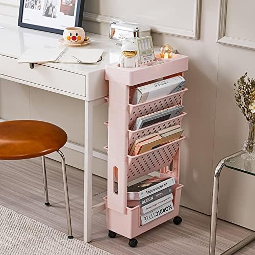 Pink Rolling Office Paper Organizer, Mobile Book Cart Document Folder File Storage with Pen Holder, Slim Rolling Storage Cart Movable Bookshelf for Office, Dorm, Classroom, Nursery - Image 2