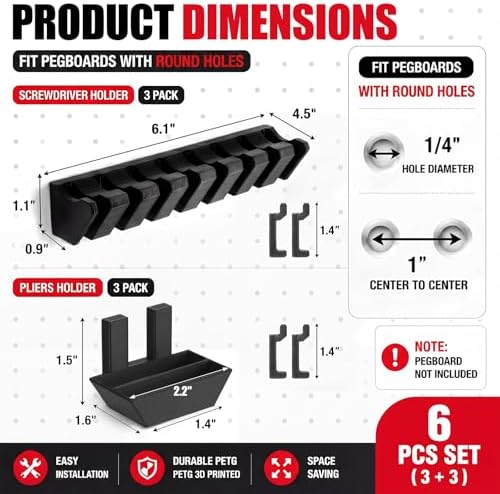 Novabright 6 Pieces Pegboard Organizer Accessories Set, Screwdriver Holder and Double Hole Pliers Holders, Pegboard Tool Hangers for Screwdrivers, Pliers, Scissors Wall Garage Workshop Storage (Black) - Image 2