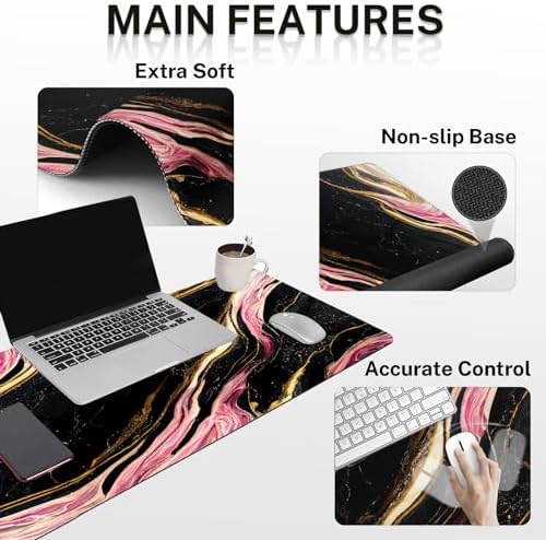 Britimes Keyboard Mouse Pad Set, 4 in 1 Desk Mat Set, Pink Black Marble - Image 5
