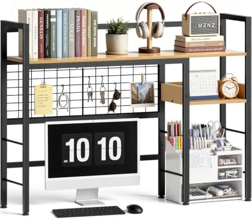 Desk Shelf, 38.6" Desk Hutch with Pegboard Hooks Set, Natural by MZNZ