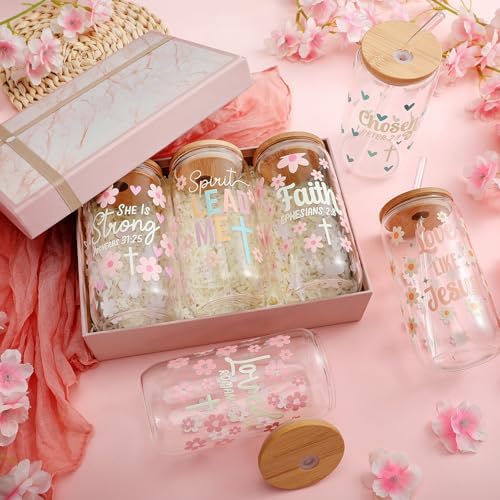 6 Set Christian Glass Cups with Lids and Straw Bible Verse 16 oz - Image 6