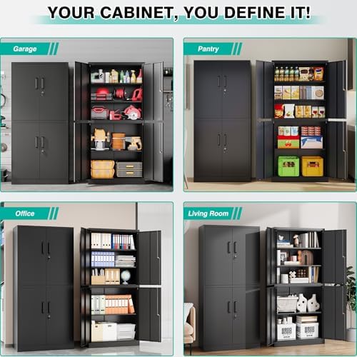 Metal Storage Cabinet with 3 Adjustable Shelves,Garage Storage Cabinet with Lock,Black Metal Cabinet with Locking Doors,Steel Cabinets 4 Doors,71" Lockable Storage Cabinets for Garage,Home,Office - Image 5
