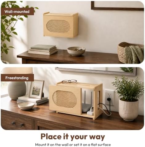 Wooden Wi-Fi Router Box Hider, Rattan Door, Standard Wall Mountable Decorative Modem Shelf, Fits Routers Up to 11" Tall, Power Strip Cable Organizer Rack - Light Wood Grain - Image 2