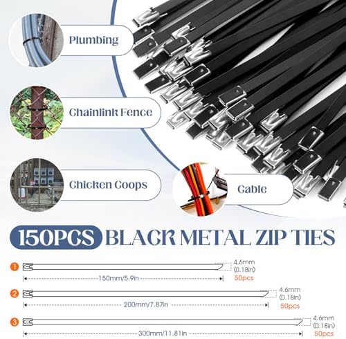Metal Zip Ties Gun Set, Stainless Steel Zip Tie Tool with 150PCS Black Metal Zip Ties Heavy Duty Outdoor, Fastening Cutting Tie Tool Sets for Chain Link Fence, Exhaust Pipes, Automotive - Image 5
