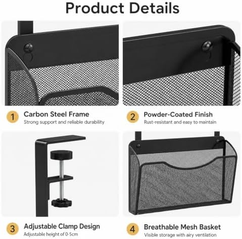 2 Pcs Desk Side Storage Organizer, Mesh, Metal 2-IN-1, Hanging, Black - Image 3