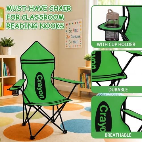 Back to School Classroom Seat, Green Crayon Design Portable Folding Chair with Armrests, Cup Holder and Carry Bag for Reading Corner, Study Zone and School Activities - Image 4