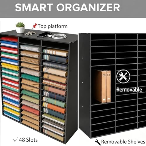 48 Slots Literature Organizer, 48 Office Mail Sorter Organizer, Compartments Desktop File Sorter Mail Center Paper Storage Cabinet, 16 Layer Mail Sorter Organizer (Black, 31.5 x 12 x 37.8 inch) - Image 2