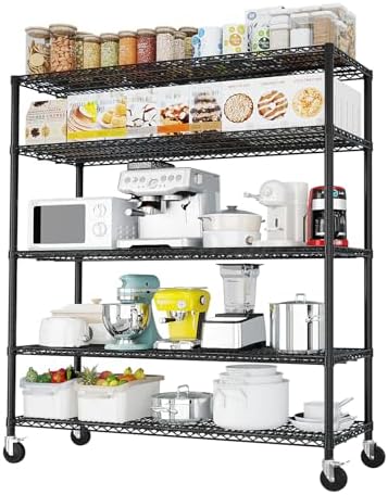 5 Tier Storage Racks Shelving, Heavy Steel Pantry Shelves, Adjustable Wire Shelving Rack with Wheels, Suitable for Garage, Kitchen, Bathroom, Office, 55" W x 24" D x 76" H, Black by Unknown