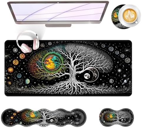Large Keyboard Mouse Pad Set, Extended Mouse Pad+Keyboard Wrist Rest Support, Memory Foam Ergonomic Easy Typing, 4Pcs (31.5×11.8 in) Desk Pad Set for Office Home,Moon Tree of Life by Unknown