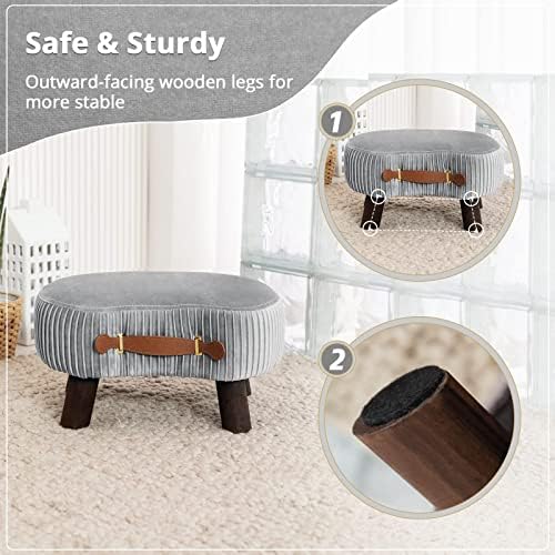 LUE BONA Small Curved Foot Stool with Handle, Gray Velvet Footstool and Ottomans, Modern Foot Rest with Wooden Legs, Step Stool with Padded Seat for Couch, Living Room - Image 5