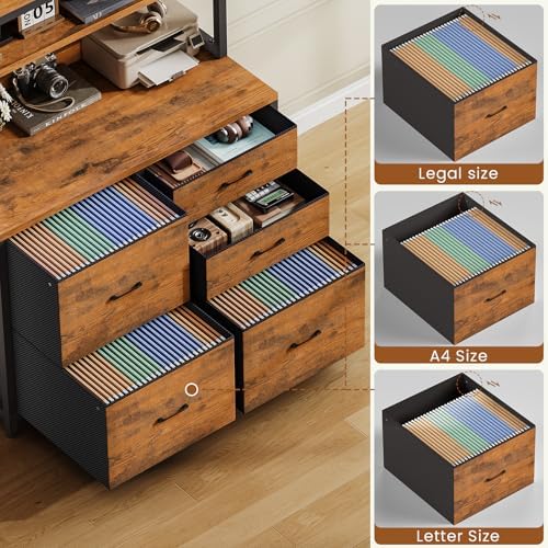 SEDETA 5 Fabric Drawer File Cabinet with Power Strip, 31.5" Filing Cabinet fits Legal, Letter, A4 Size File for Home Office with Printer Stand, LED Lights and Storage Shelf (Rusti Brown, Tall) - Image 4
