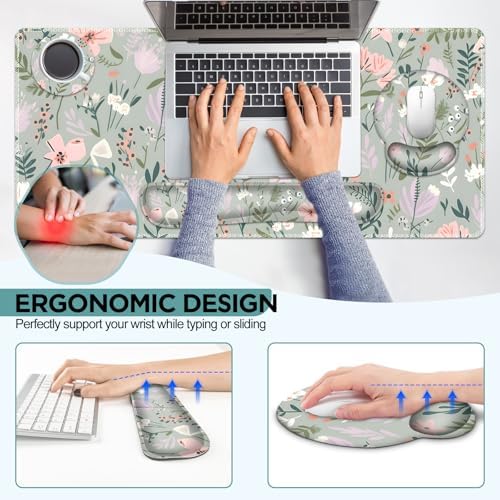 AIMSA Keyboard Mouse Pad Set, Extended Mouse Pad, Keyboard Wrist Rest Support, Memory Foam Ergonomic Desk Pad Set for Home Office Study Game, Pink White Flowers Plants - Image 4