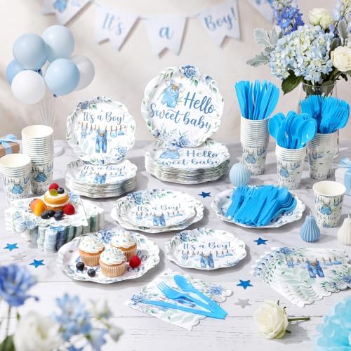400 Pcs Blue Baby Boys Shower Party Supplies Hello Sweet Boy Floral Themed Disposable Paper Plates Napkins and Cups for It's a Boy Baby Shower Gendal Reavel Birthday Decorations - Image 5