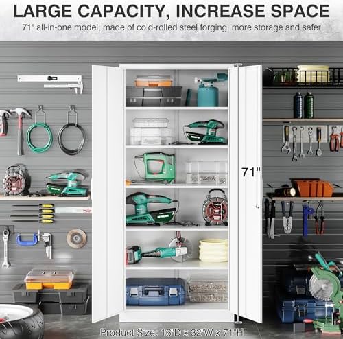 SISESOL Metal Storage Storage Cabinet with 5 Adjustable Shelves,White Metal Cabinet with Locking Doors,Steel Pantry Cabinet with Lock,71" Lockable Storage Cabinet for Home,Office,Garage,Kitchen,Shop - Image 5