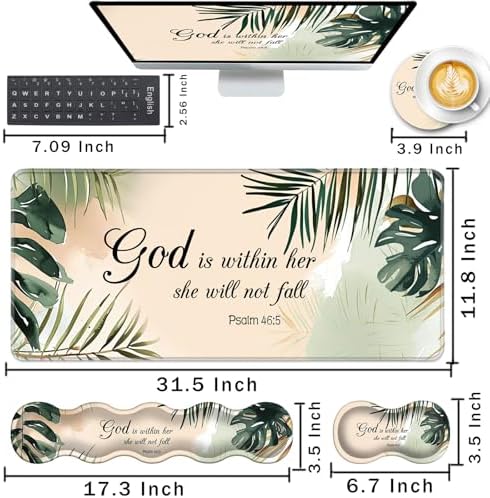 Keyboard Wrist Rest and Mouse Pad with Wrist Support Set Ergonomic Coaster,Memory Foam,Easy Typing Pain Relief,Large XL Desk Mat 31.5"x 11.8",Matcha Green Plant Abstract Bible Verse Psalm 46-5 - Image 2