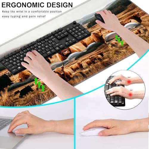 Keyboard Wrist Rest and Mouse Pad with Wrist Support Set Ergonomic Coaster,Memory Foam,Easy Typing Pain Relief,Large XL Desk Mat 31.5"x 11.8",Highland Cow in Field - Image 6