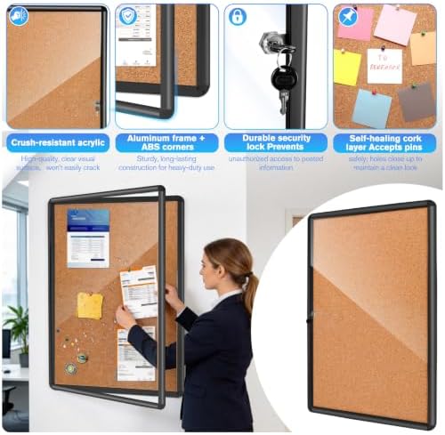 36x24 Lockable Enclosed Bulletin Board,Weatherproof Cork Display Case - Image 4