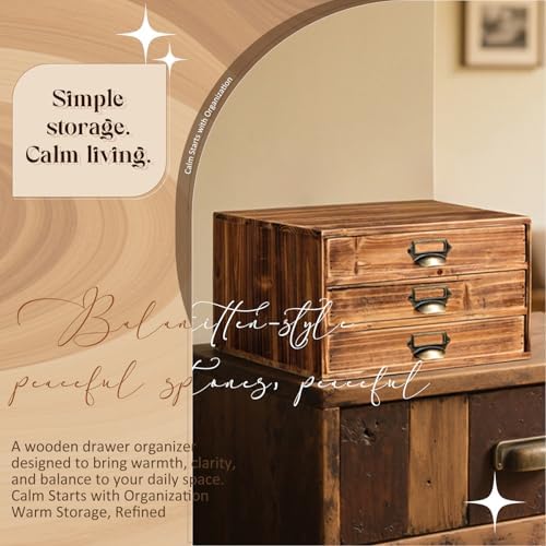 Stackable Modular Desktop Drawer Organizer, Solid Vintage Wood 3-Drawer Storage Unit with Label Pull Handles, Burnt Aged Wooden Japandi Style, Expandable by Adding More Units for Clutter-Free Spaces - Image 6