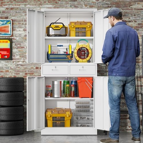BESFUR Metal Storage Cabinet with 2 Drawers and Adjustable Shelves, 71" H Reinforced Heavy Duty Locking Storage Cabinet for Office, Garage, Home, School, Utility(White) - Image 2