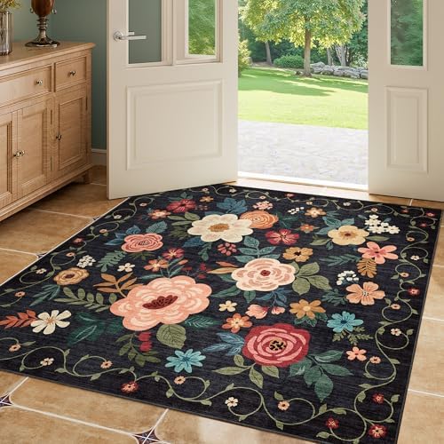 DUKINO 4x4 Square Area Rug, Soft Floral Washable Rug for Entryway, Black - Image 6