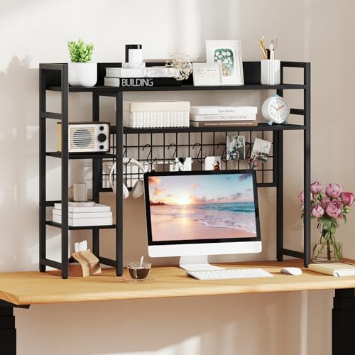 Tangkula Desktop Bookshelf for Computer Monitor Up to 32”, Countertop Storage Hutch with 4 Open Shelves, Grid Panel, 6 Hooks, Anti-tip Device, 4-Tier Desktop Shelves for Home Office Dorm, Black - Image 4