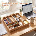 Briwooody Bamboo Sliding Desk Drawer Organizer 9.4'' up to 18'' x 15'' x 2'' Expandable Office Desk Accessories Supplies Tray with 7 Compartments for Pens, Notebooks, Rulers, and Makeup Jewelry Vanity - Image 3