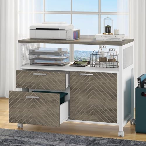 Tribesigns Modern File Cabinet with Drawers for Letter-Sized File and Door, Lockable lateral Filing Cabinet Printer Stand with Storage Shelves and with Rolling Caster for Home Office (Oak) by Tribesigns