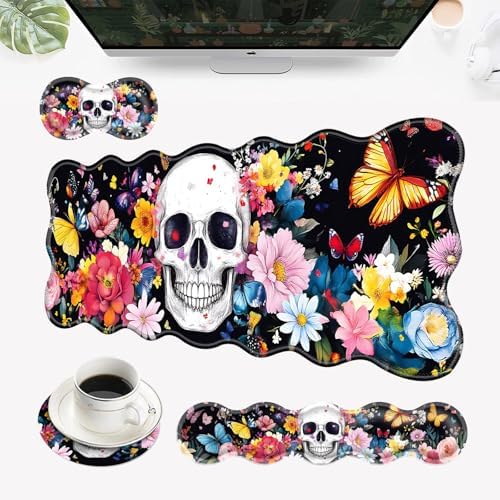 Desk Mat, Mouse Pad with Wrist Rest, 4-in-1 Large Mouse Pads for Desk, Ergonomic Mouse Pad and Keyboard Wrist Rest Gaming Keyboard Mat for Office,Skull Flowers Butterflies by EFGWSDER
