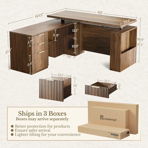 63 Inches L Shaped Standing Desk, Executive Electric Adjustable Desk with Storage Drawers and File Cabinet, AC/USB, 1.18" Thiken Desktop and Privacy Panel for Home Office, Black Walnut - Image 2