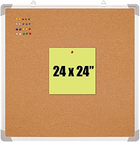 Cork Board 24x24 in, Framed Wall Hanging Bulletin Board with 10 Thumb Tacks by Navy+Penguin