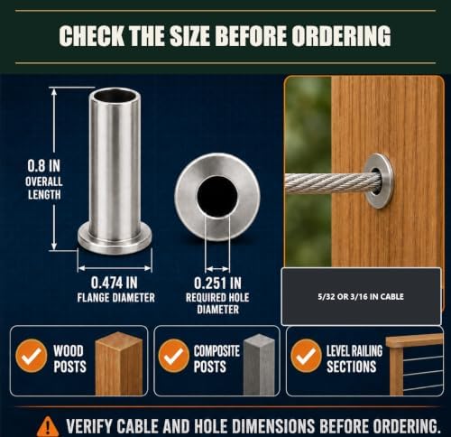 HYPERGIANT 60 Pack Cable Rail Protective Sleeves for 5/32 or 3/16 Inch Wire Rope, T316 Stainless Steel Wood/Composite Post Hole Sleeves, Deck Railing Hardware with 1 Drill Bit, Silver - Image 4