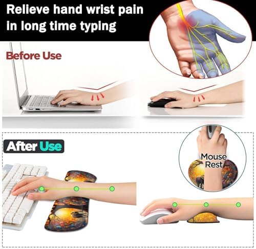 Large Gaming Mouse Pad+ Keyboard Wrist Rest Set, Ergonomics Memory Foam Mouse Mat Wrist Rest Support, Waterproof Extended Mousepad 31.5x11.8in, Colorful Tree of Life and Elephant Desk Pad - Image 5
