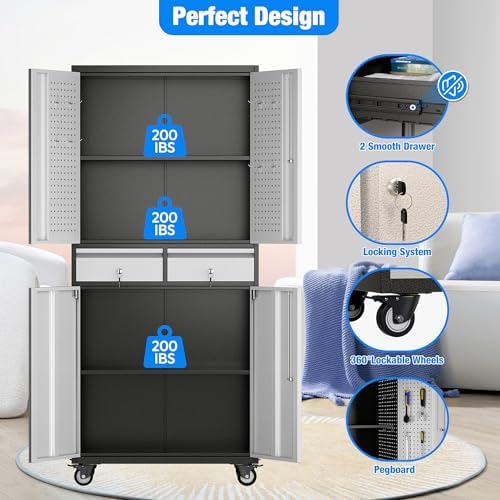Aobabo Garage Storage Cabinet with 2 Drawers, Metal Storage Cabinet with Wheels for Garage Home,Assembly Required,Black&Silver - Image 6