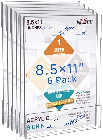 NIUBEE 8.5 x 11 Acrylic Sign Holder Wall Mount Clear Frame 6 Pack by NIUBEE