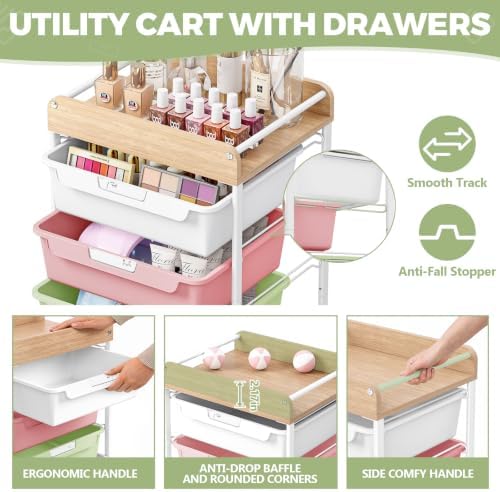 SYKIARIOL Utility Cart with 5 Labeling Drawers and Wooden Tabletop - Image 3