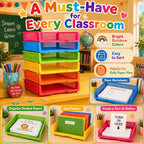 6 Pcs Colorful Turn in Trays Classroom, Stackable Paper Bins for Classroom, 13x9x2.8 inch Plastic Baskets Desktop Organization System Office (Colorful) - Image 5