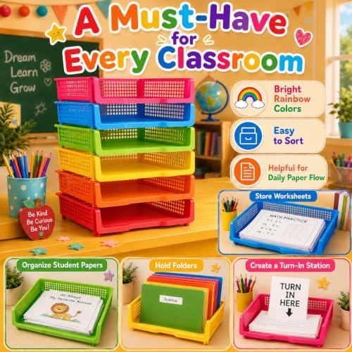 6 Pcs Colorful Turn in Trays Classroom, Stackable Paper Bins for Classroom, 13x9x2.8 inch Plastic Baskets Desktop Organization System Office (Colorful) - Image 5