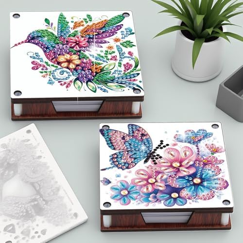 4pcs Flower Bird Butterfly Diamond Art Painting Note Box for Adults, Wooden DIY Sticky Notes Holder Kit with 480 Blank Notepads, Multi-Purpose Desk Organizer for Home Office, Study Thoughtful Gift - Image 3
