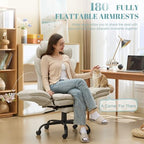 Flip Armrests Criss Cross Office Chair, Reclining Office Chair with Foot Rest, Adjustable Headrest, Massage Waist Pillow, Cross Legged Big and Tall Desk Chair Wide Seat Vanity Chair, Beige PU Leather - Image 3