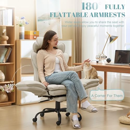 Flip Armrests Criss Cross Office Chair, Reclining Office Chair with Foot Rest, Adjustable Headrest, Massage Waist Pillow, Cross Legged Big and Tall Desk Chair Wide Seat Vanity Chair, Beige PU Leather - Image 3