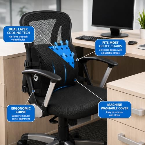Samsonite Memory Foam Lumbar Support Pillow for Office Chair, Gaming Chair & Car Seat Automotive Use, Home Office Essentials for Sitting Comfort and Posture Relief Back Support, Black with Cooling Gel - Image 4