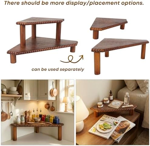 2-Tier Rustic Corner Shelf for Kitchen Counter,Wood Beaded Farmhouse Countertop Organizer with Removable Feet, Stackable Bathroom Vanity & Coffee Bar Decorative Riser Stand(Rustic Walnut) - Image 6