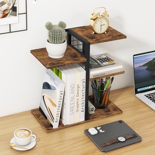 ELITEROO Desktop Shelf Organizer, 4-Tier Wooden Desk Bookshelf, Small Tabletop Book Shelf, Adjustable Display Rack for Home, Office, Dorm, Rustic Brown - Image 6