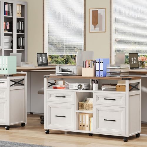 Halitaa Farmhouse Filing Cabinet with Adjustable Shelf & Wheels, Off White - Image 6